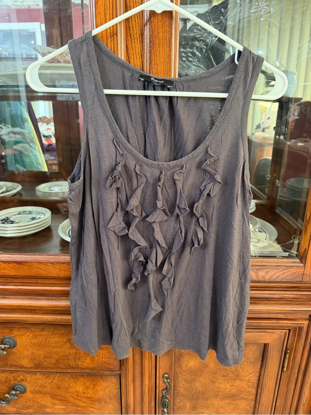 Express Charcoal Ruffle Scoop Neck Tank Top